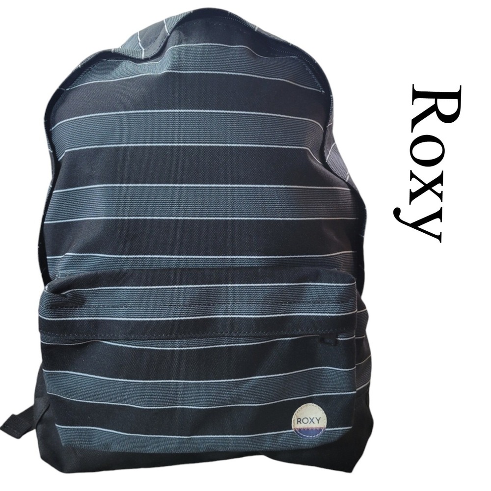 Roxy Backpack Black White Grey Stripe Front Pocket School Travel‎ Bag 15x13